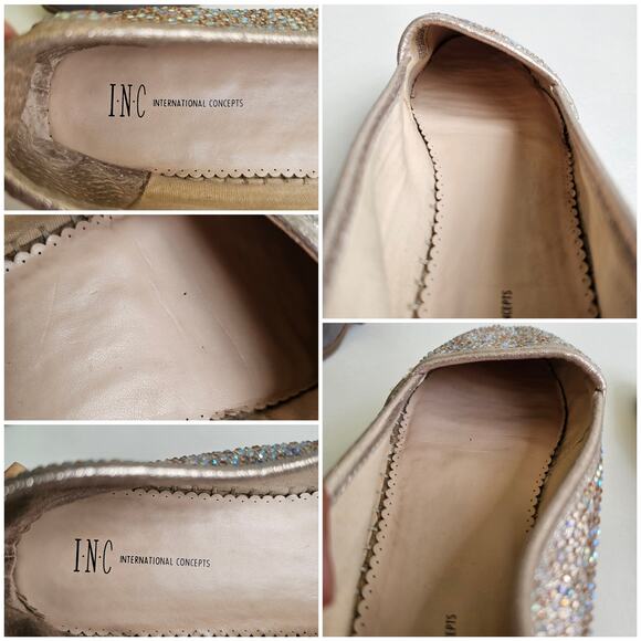 Rhinestone Espadrilles Flats INC Caleyy Size 9 Metallic Tan Sparkle Slip Ons - Picture 9 of 14